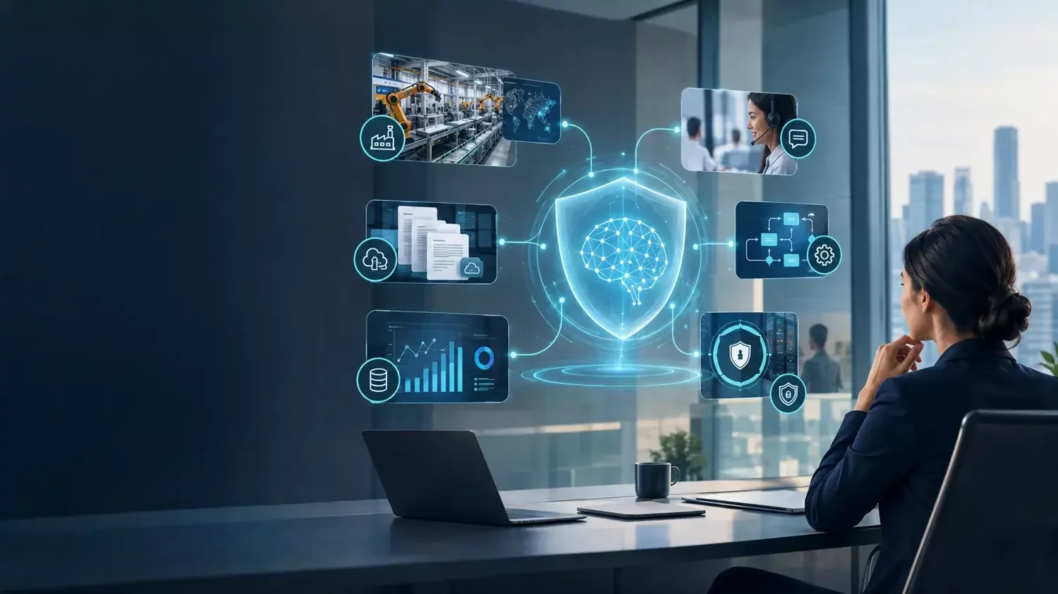 Illustration of an enterprise professional exploring AI-assisted business systems